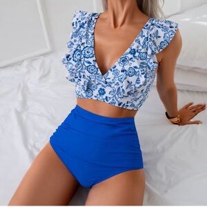 Women's Printed Ruffled V-Neck Bow Tie-Back High-waist 2 PC Bikini Set NWOT MD
